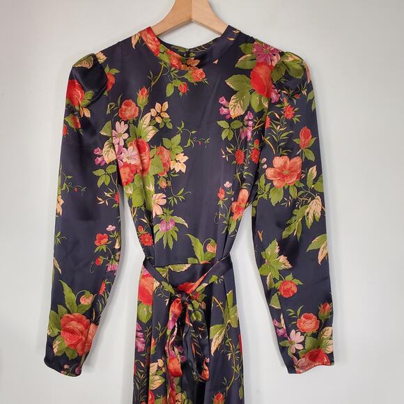 Reformation Julius Silk Dress Black Floral Print Long Sleeve Midi Length Size 8 - Picture 4 of 13